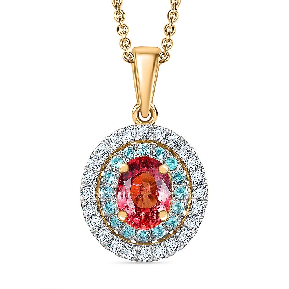 Luxoro AAAA Padparadscha Sapphire Paraiba Tourmaline and Diamond Pendant Necklace in 14K Yellow Gold 1.65 ctw (20 Inches)