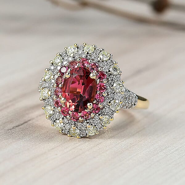 Luxoro AAAA Rubellite Natural Diamond Ring In 14K Yellow Gold 2.65 Ctw
