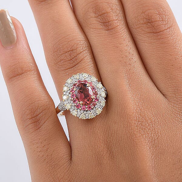 Luxoro AAAA Rubellite Natural Diamond Ring In 14K Yellow Gold 2.65 Ctw