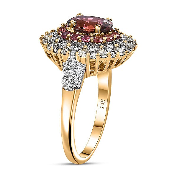 Luxoro AAAA Rubellite Natural Diamond Ring In 14K Yellow Gold 2.65 Ctw
