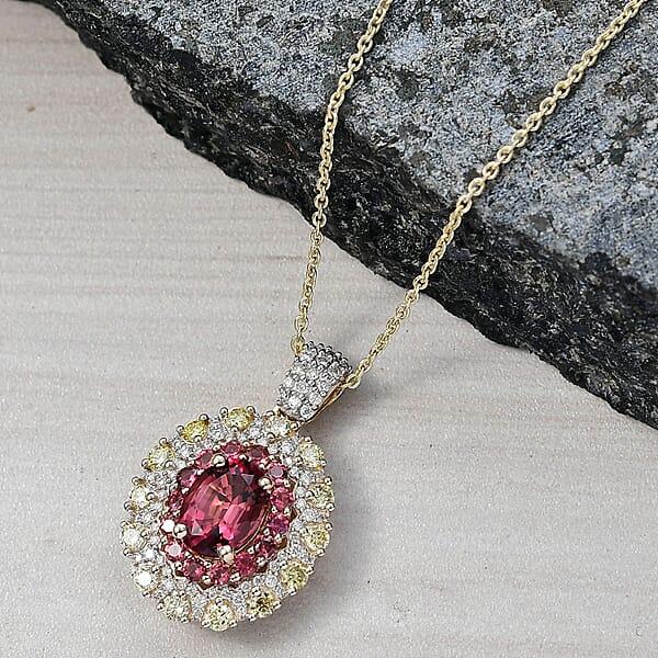 Luxoro AAAA Rubellite Natural Yellow And White Diamond 2.65 Ctw Empress Flame Pendant Necklace In 14K Yellow Gold 20 Inches