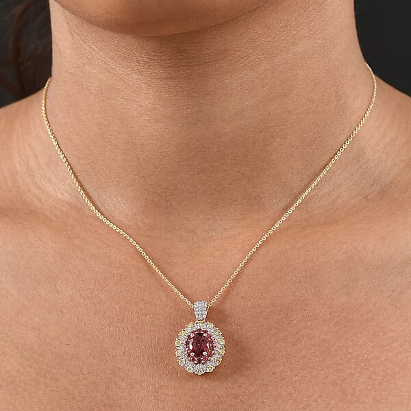 Luxoro AAAA Rubellite Natural Yellow And White Diamond 2.65 Ctw Empress Flame Pendant Necklace In 14K Yellow Gold 20 Inches