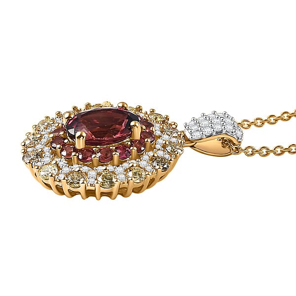 Luxoro AAAA Rubellite Natural Yellow And White Diamond 2.65 Ctw Empress Flame Pendant Necklace In 14K Yellow Gold 20 Inches