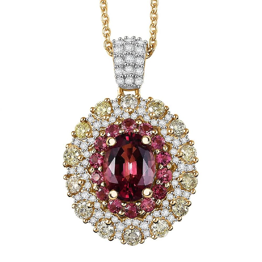 Luxoro AAAA Rubellite Natural Yellow and White Diamond 2.65 ctw Empress Flame Pendant Necklace in 14K Yellow Gold 20 Inches