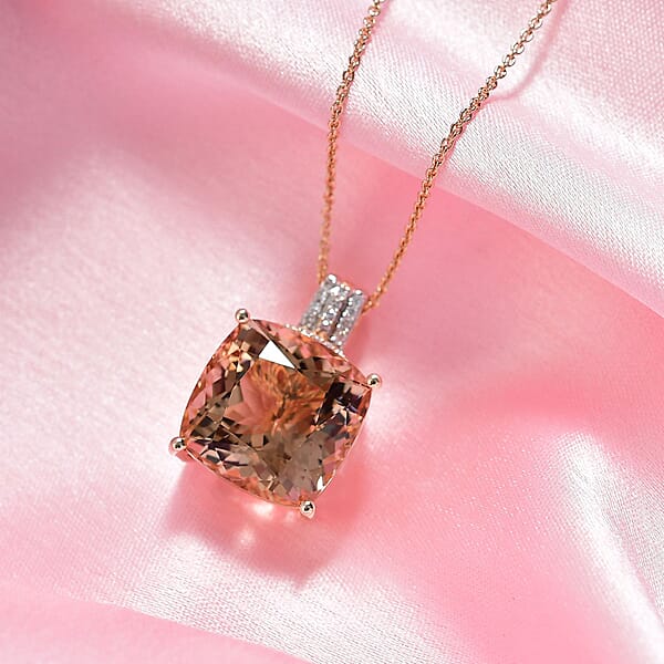 Luxoro Asscher Cut AAA Marropino Morganite 2Natural Pink And White Diamond I2 11.60 Ctw Pendant Necklace In 14K Rose Gold 20 Inches