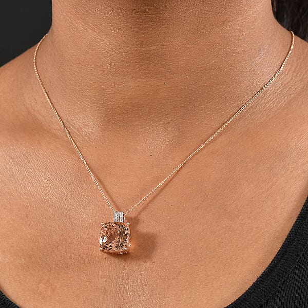 Luxoro Asscher Cut AAA Marropino Morganite 2Natural Pink And White Diamond I2 11.60 Ctw Pendant Necklace In 14K Rose Gold 20 Inches