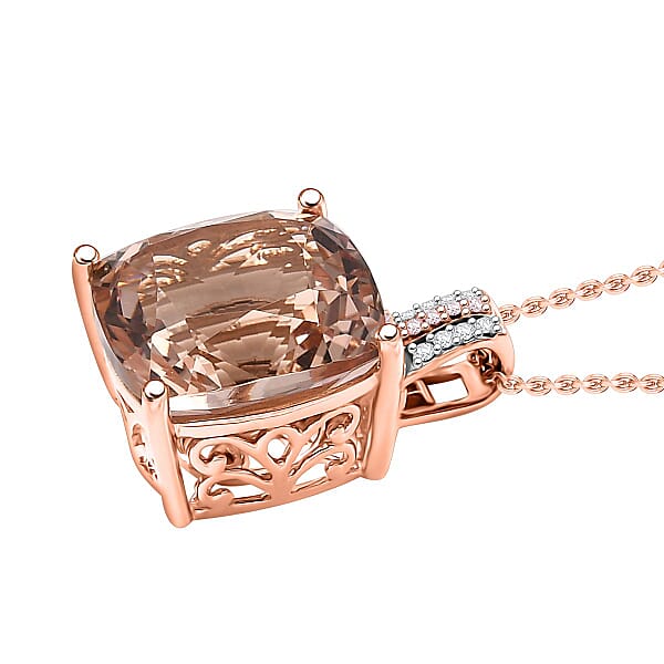Luxoro Asscher Cut AAA Marropino Morganite 2Natural Pink And White Diamond I2 11.60 Ctw Pendant Necklace In 14K Rose Gold 20 Inches
