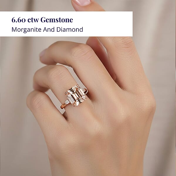 Luxoro Asscher Cut AAA Marropino Morganite And I3 Diamond 6.60 Ctw Ring In 14K Rose Gold 5.60 Grams