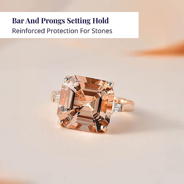 Luxoro Asscher Cut AAA Marropino Morganite And I3 Diamond 6.60 Ctw Ring In 14K Rose Gold 5.60 Grams