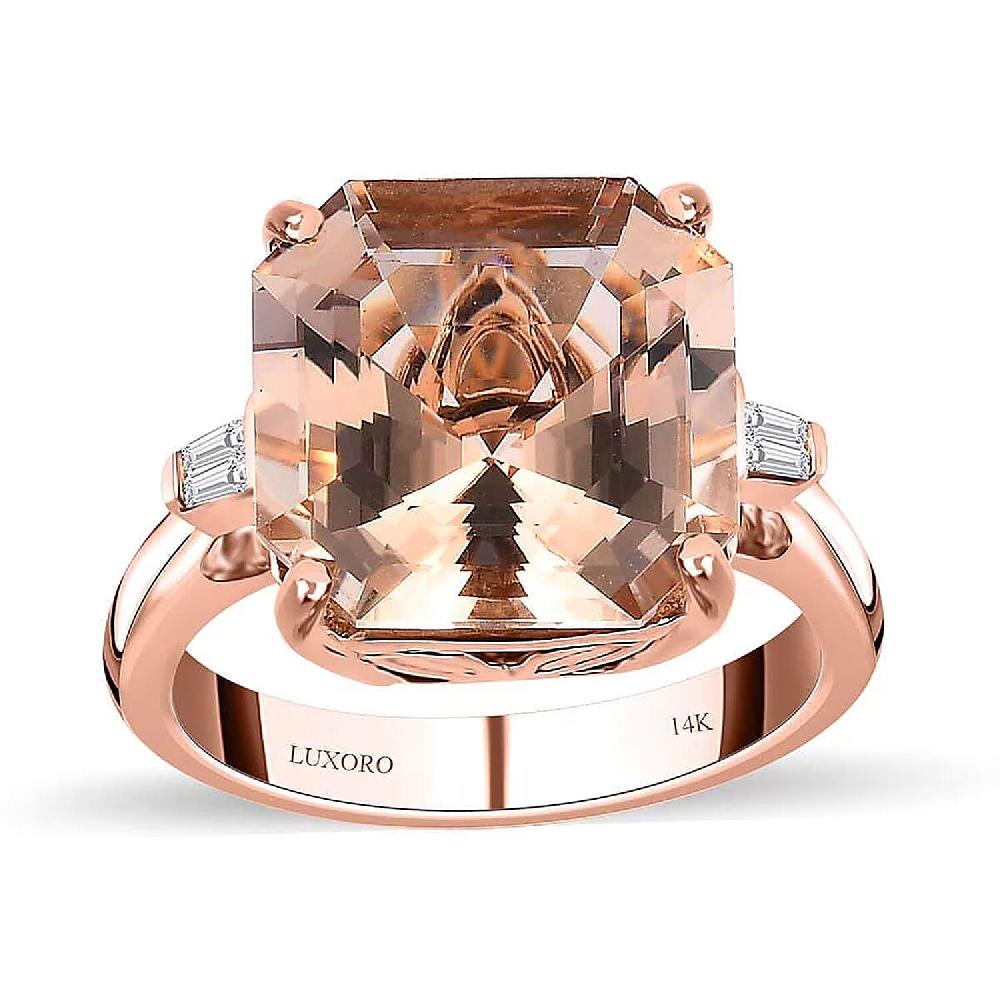 Luxoro Asscher Cut AAA Marropino Morganite and I3 Diamond 6.60 ctw Ring in 14K Rose Gold 5.60 Grams