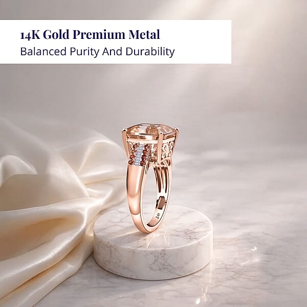 Luxoro Asscher Cut AAA Marropino Morganite Padparadscha Sapphire And I2 Diamond 6.20 Ctw Desert Rose Ring In 14K Rose Gold