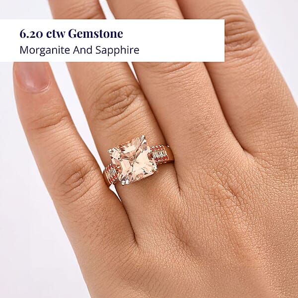 Luxoro Asscher Cut AAA Marropino Morganite Padparadscha Sapphire And I2 Diamond 6.20 Ctw Desert Rose Ring In 14K Rose Gold