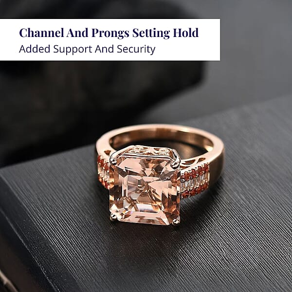 Luxoro Asscher Cut AAA Marropino Morganite Padparadscha Sapphire And I2 Diamond 6.20 Ctw Desert Rose Ring In 14K Rose Gold