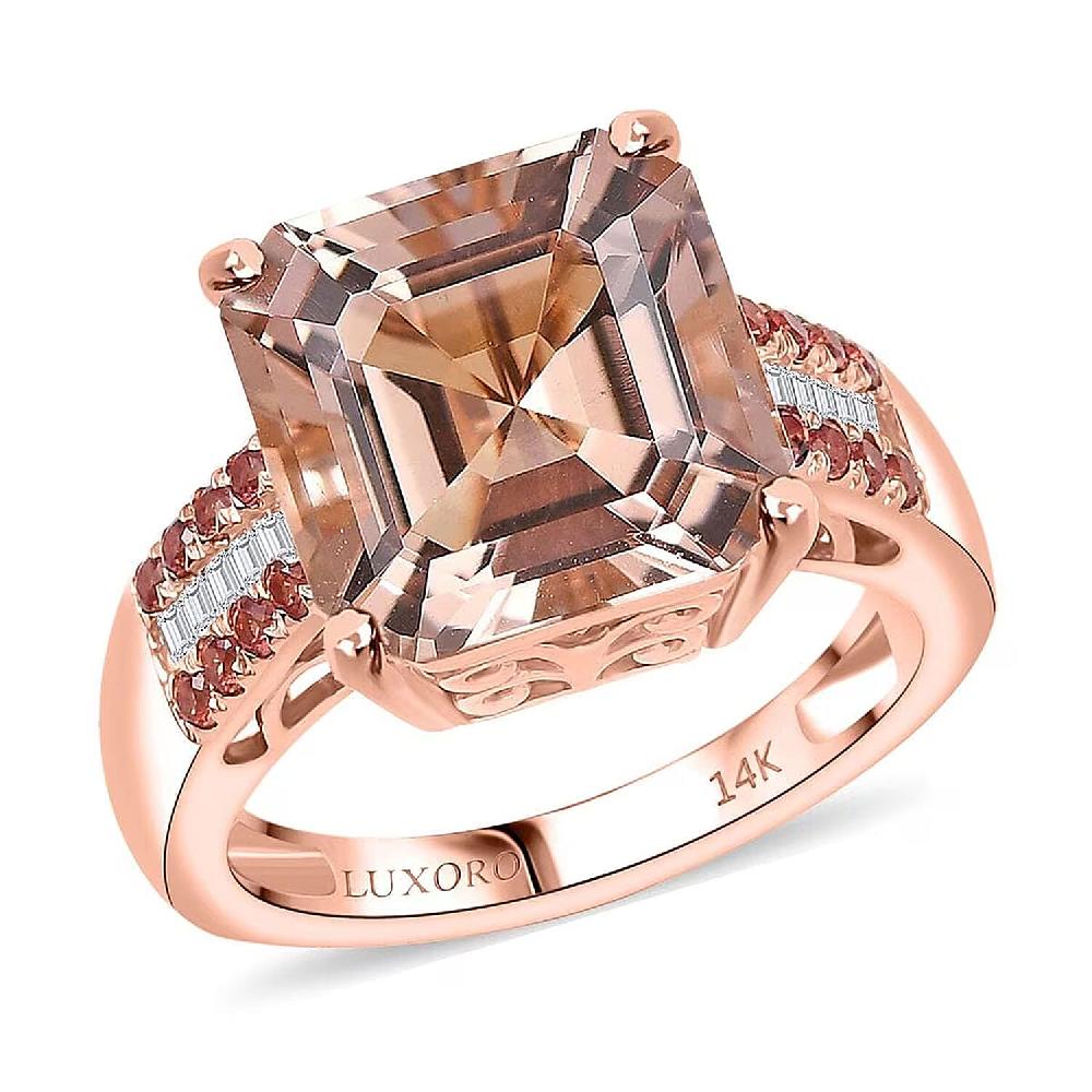 Luxoro Asscher Cut AAA Marropino Morganite Padparadscha Sapphire and I2 Diamond 6.20 ctw Desert Rose Ring in 14K Rose Gold