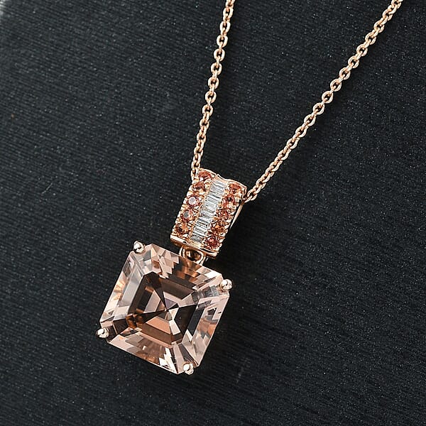 Luxoro Asscher Cut AAA Marropino Morganite Padparadscha Sapphire And I2 Diamond 6.20 Ctw Desert Rose Pendant Necklace In 14K Rose Gold 20 Inches