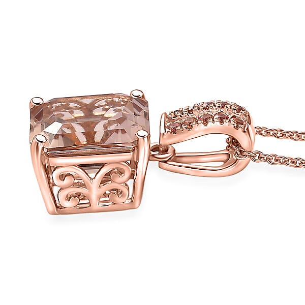 Luxoro Asscher Cut AAA Marropino Morganite Padparadscha Sapphire And I2 Diamond 6.20 Ctw Desert Rose Pendant Necklace In 14K Rose Gold 20 Inches