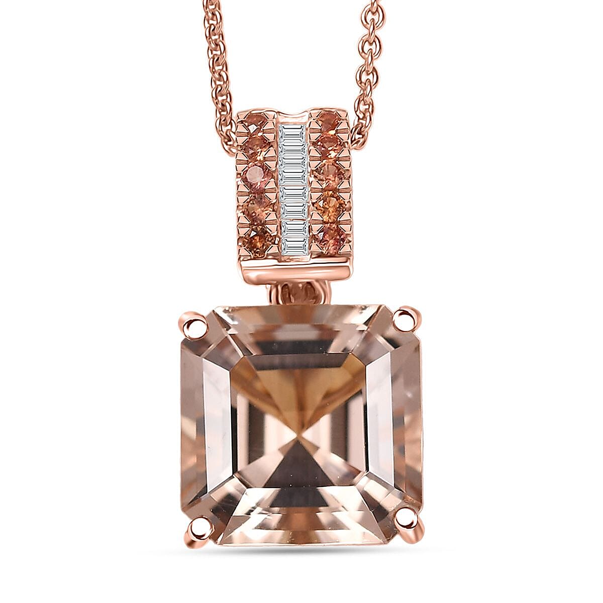 Luxoro Asscher Cut AAA Marropino Morganite Padparadscha Sapphire and I2 Diamond 6.20 ctw Desert Rose Pendant Necklace in 14K Rose Gold 20 Inches