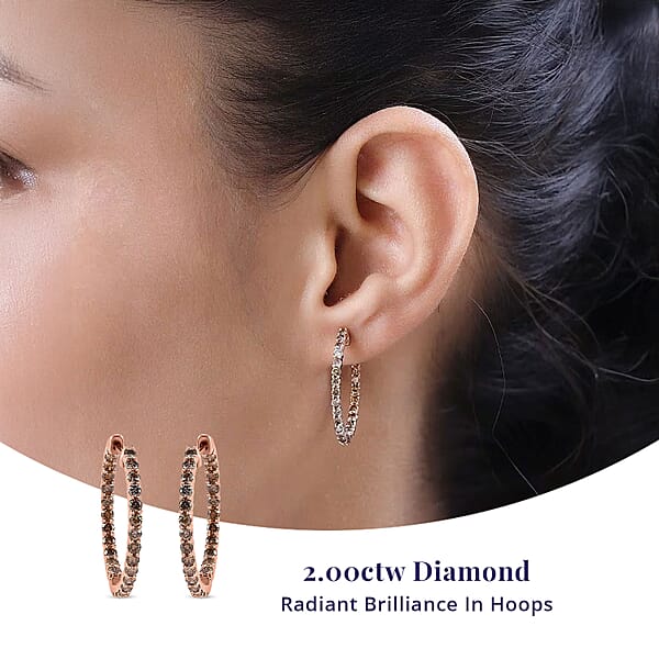 Luxoro Natural Champagne Diamond I3 2.00 Ctw Inside Out Hoop Earrings In 10K Rose Gold