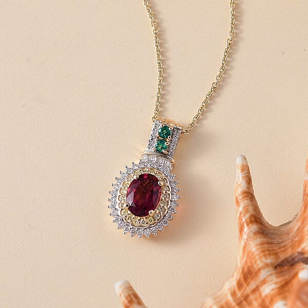 Luxoro Ouro Fino Rubellite Colombian Emerald Natural Yellow And White Diamond I2 1.85 Ctw Pendant Necklace In 10K Yellow Gold 20 Inches