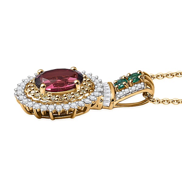 Luxoro Ouro Fino Rubellite Colombian Emerald Natural Yellow And White Diamond I2 1.85 Ctw Pendant Necklace In 10K Yellow Gold 20 Inches