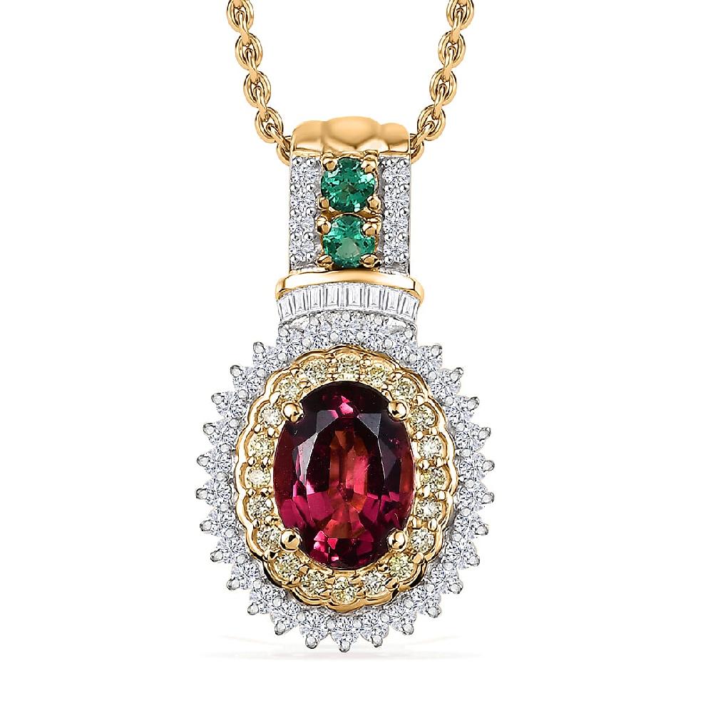 Luxoro Ouro Fino Rubellite Colombian Emerald Natural Yellow and White Diamond I2 1.85 ctw Pendant Necklace in 10K Yellow Gold 20 Inches