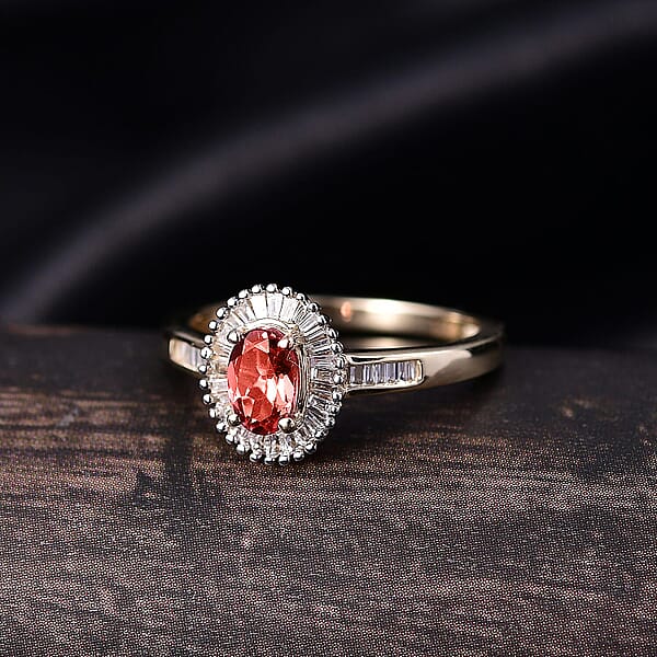 Luxoro Padparadscha Sapphire Diamond Sunburst Ring In 10K Yellow Gold 0.90 Ctw