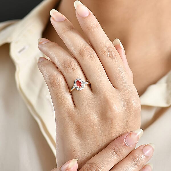 Luxoro Padparadscha Sapphire Diamond Sunburst Ring In 10K Yellow Gold 0.90 Ctw