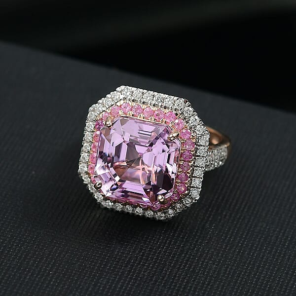 Luxoro Premium Asscher Cut Martha Rocha Kunzite Pink Sapphire And G-H I2 Diamond 11.30 Ctw Blush Fire Ring In 10K Rose Gold