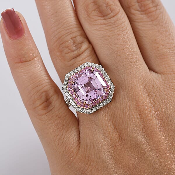 Luxoro Premium Asscher Cut Martha Rocha Kunzite Pink Sapphire And G-H I2 Diamond 11.30 Ctw Blush Fire Ring In 10K Rose Gold