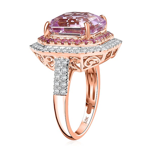 Luxoro Premium Asscher Cut Martha Rocha Kunzite Pink Sapphire And G-H I2 Diamond 11.30 Ctw Blush Fire Ring In 10K Rose Gold