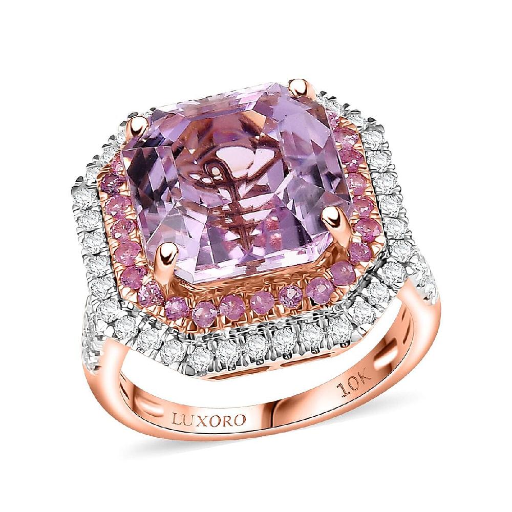 Luxoro Premium Asscher Cut Martha Rocha Kunzite Pink Sapphire and G-H I2 Diamond 11.30 ctw Blush Fire Ring in 10K Rose Gold