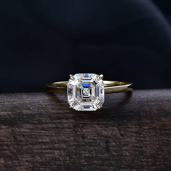 Luxoro Premium Asscher Cut Strontium Titanate 5.40 Ctw Golden Prism Ring In 10K Yellow Gold