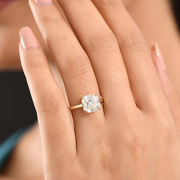 Luxoro Premium Asscher Cut Strontium Titanate 5.40 Ctw Golden Prism Ring In 10K Yellow Gold