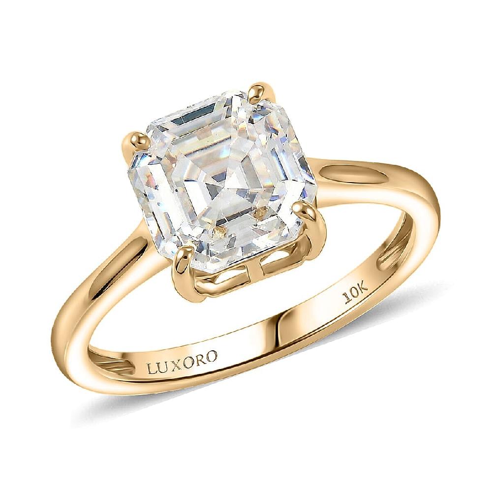 Luxoro Premium Asscher Cut Strontium Titanate 5.40 ctw Golden Prism Ring in 10K Yellow Gold