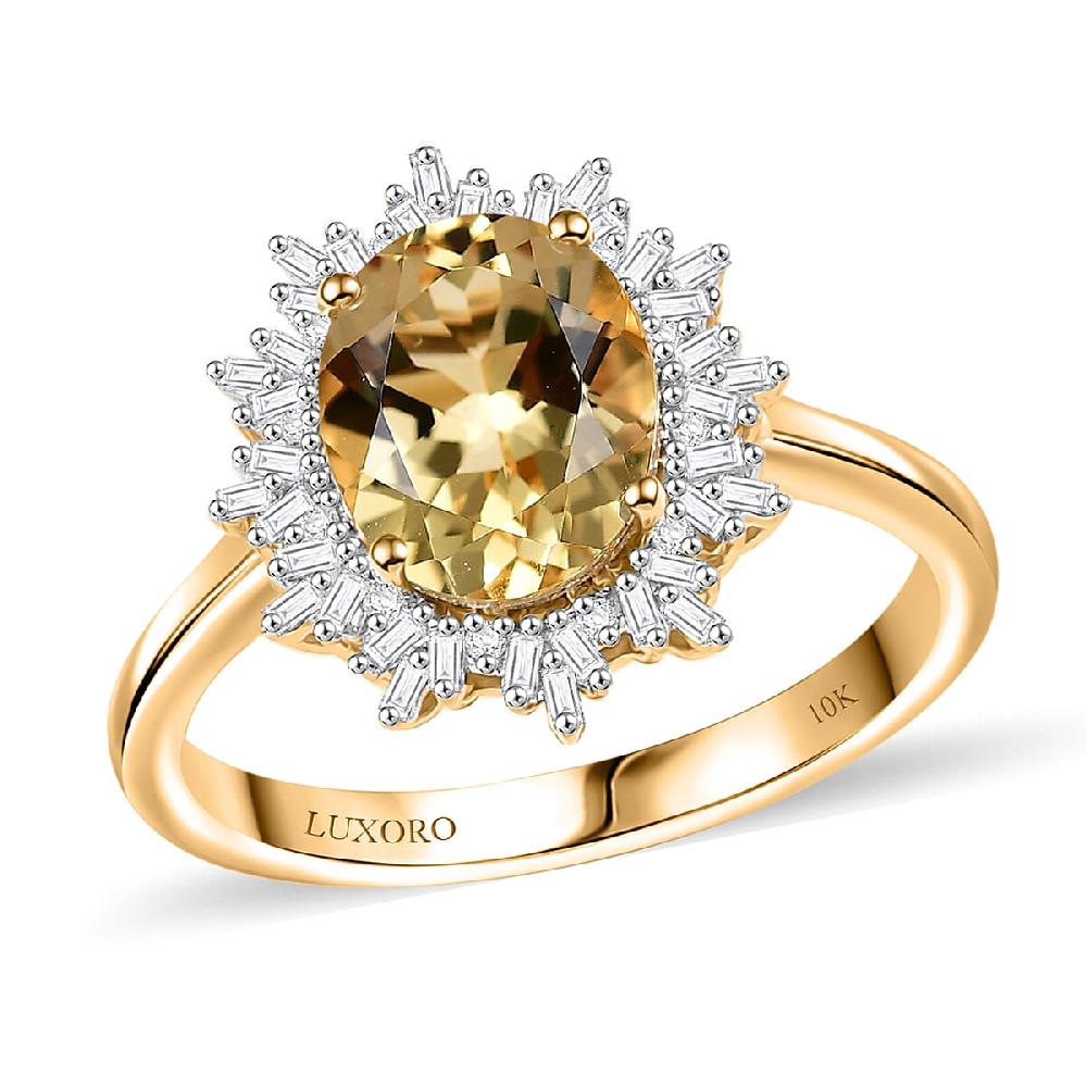 Luxoro Premium Brazilian Heliodor and I2 Diamond 2.85 ctw Sunburst Ring in 10K Yellow Gold