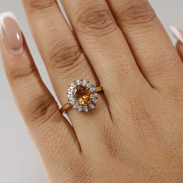 Luxoro Premium Calabar Imperial Tourmaline Natural Champagne And White Diamond I2 2.10 Ctw Sunburst Ring In 14K Yellow Gold