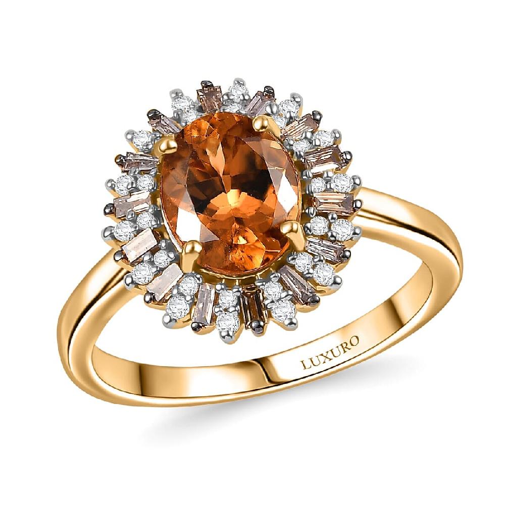 Luxoro Premium Calabar Imperial Tourmaline Natural Champagne and White Diamond I2 2.10 ctw Sunburst Ring in 14K Yellow Gold
