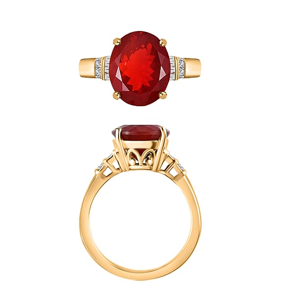 Luxoro Premium Crimson Fire Opal And G-H I1 Diamond 3.40 Ctw Ring In 14K Yellow Gold 4.10 Grams (Del. In 10-12 Days)