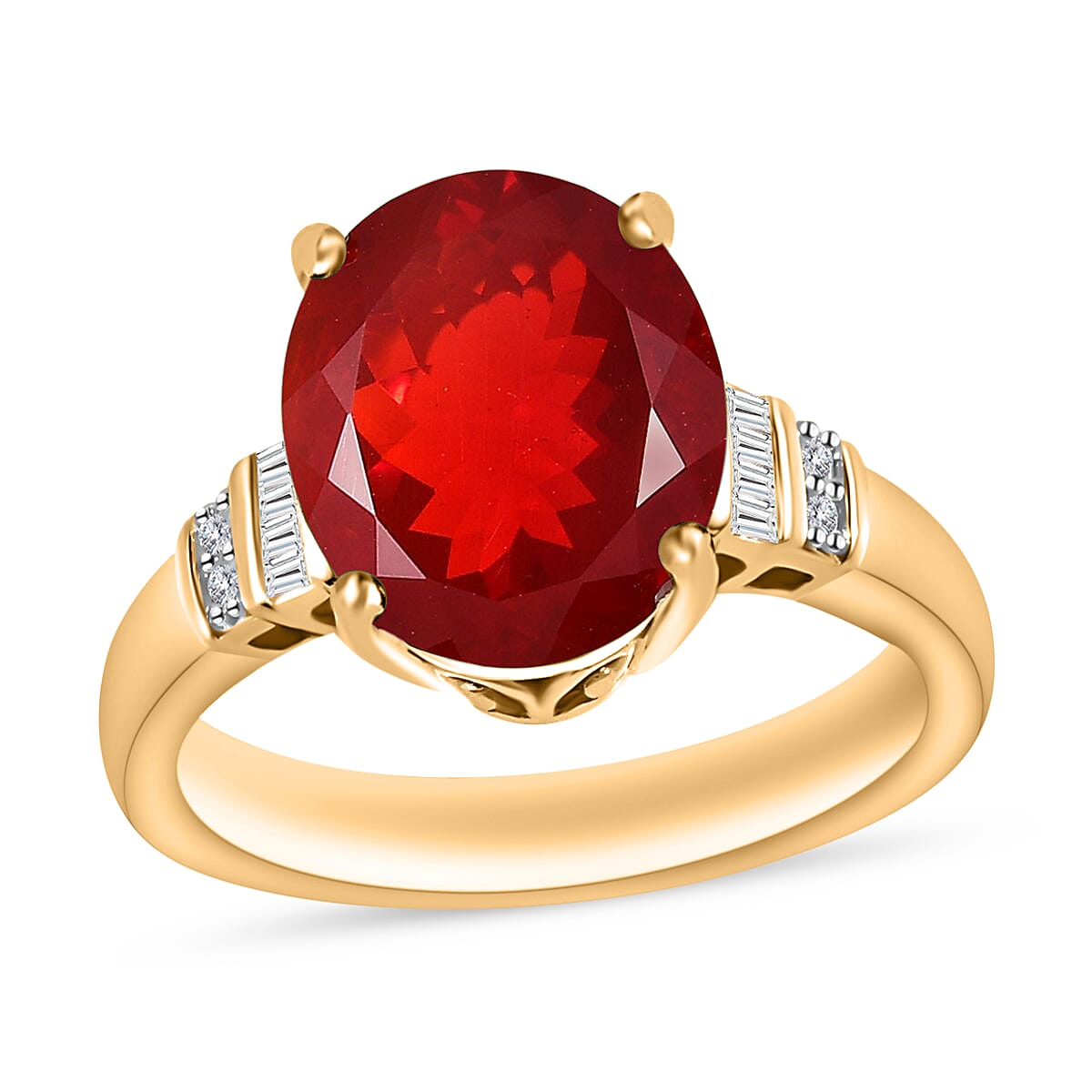 Luxoro Premium Crimson Fire Opal and G-H I1 Diamond 3.40 ctw Ring in 14K Yellow Gold 4.10 Grams (Del. in 10-12 Days)