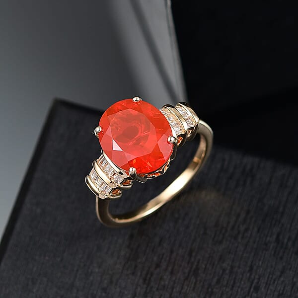 Luxoro Premium Crimson Fire Opal And I2 Diamond 3.45 Ctw Dawnfire Ring In 10K Yellow Gold