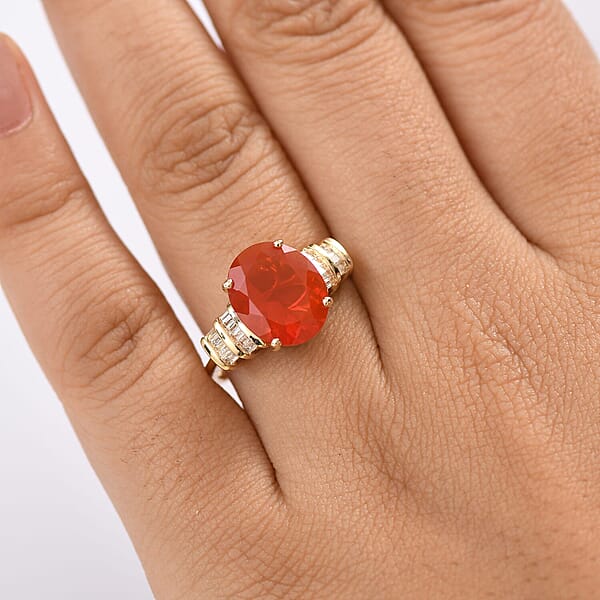 Luxoro Premium Crimson Fire Opal And I2 Diamond 3.45 Ctw Dawnfire Ring In 10K Yellow Gold