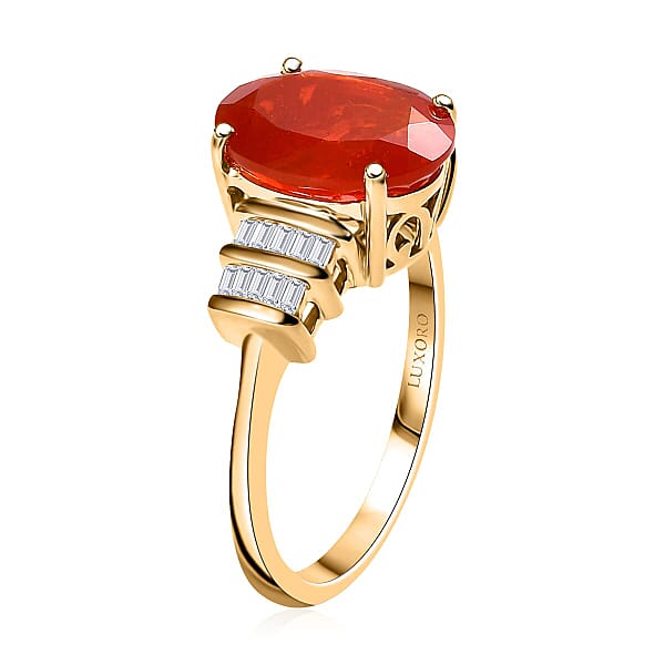 Luxoro Premium Crimson Fire Opal And I2 Diamond 3.45 Ctw Dawnfire Ring In 10K Yellow Gold