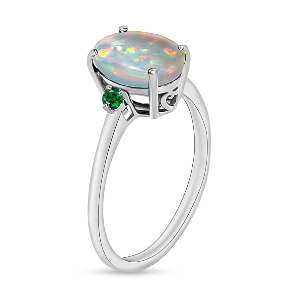 Luxoro Premium Ethiopian Welo Opal And Boyaca Colombian Emerald 1.30 Ctw Ring In 14K White Gold 4 Grams (Del. In 10-12 Days)