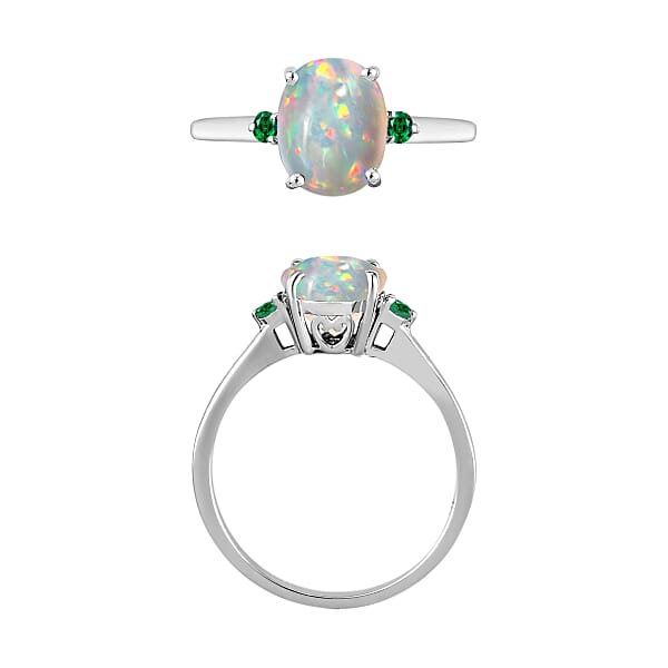 Luxoro Premium Ethiopian Welo Opal And Boyaca Colombian Emerald 1.30 Ctw Ring In 14K White Gold 4 Grams (Del. In 10-12 Days)