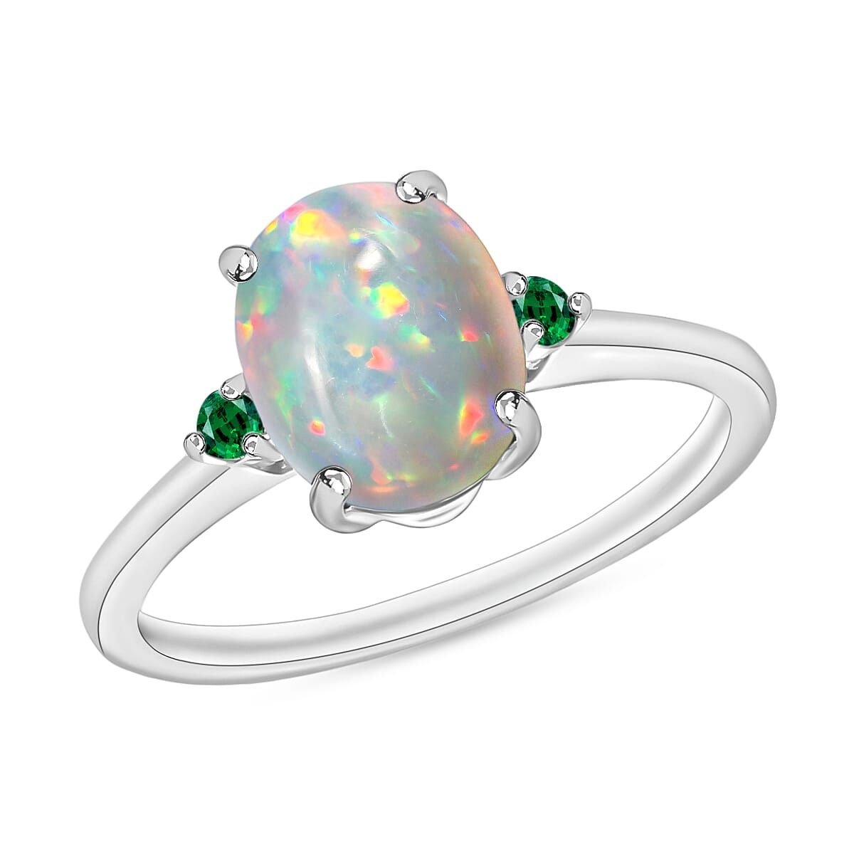 Luxoro Premium Ethiopian Welo Opal and Boyaca Colombian Emerald 1.30 ctw Ring in 14K White Gold 4 Grams (Del. in 10-12 Days)