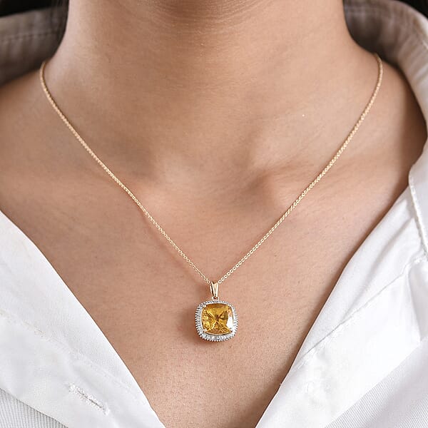 Luxoro Premium Golden Apatite And Diamond G-H SI 6.40 Ctw Solar Crown Pendant Necklace In 10K Yellow Gold 20 Inches