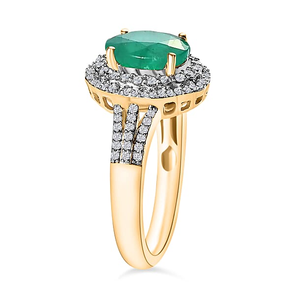 Luxoro Premium Kagem Zambian Emerald And G-H I1 Diamond 2.40 Ctw Double Halo Ring In 14K Yellow Gold