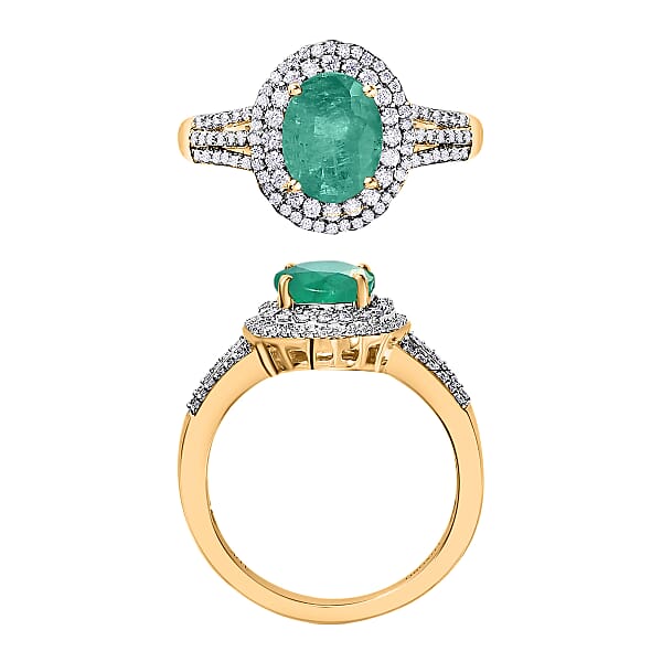 Luxoro Premium Kagem Zambian Emerald And G-H I1 Diamond 2.40 Ctw Double Halo Ring In 14K Yellow Gold