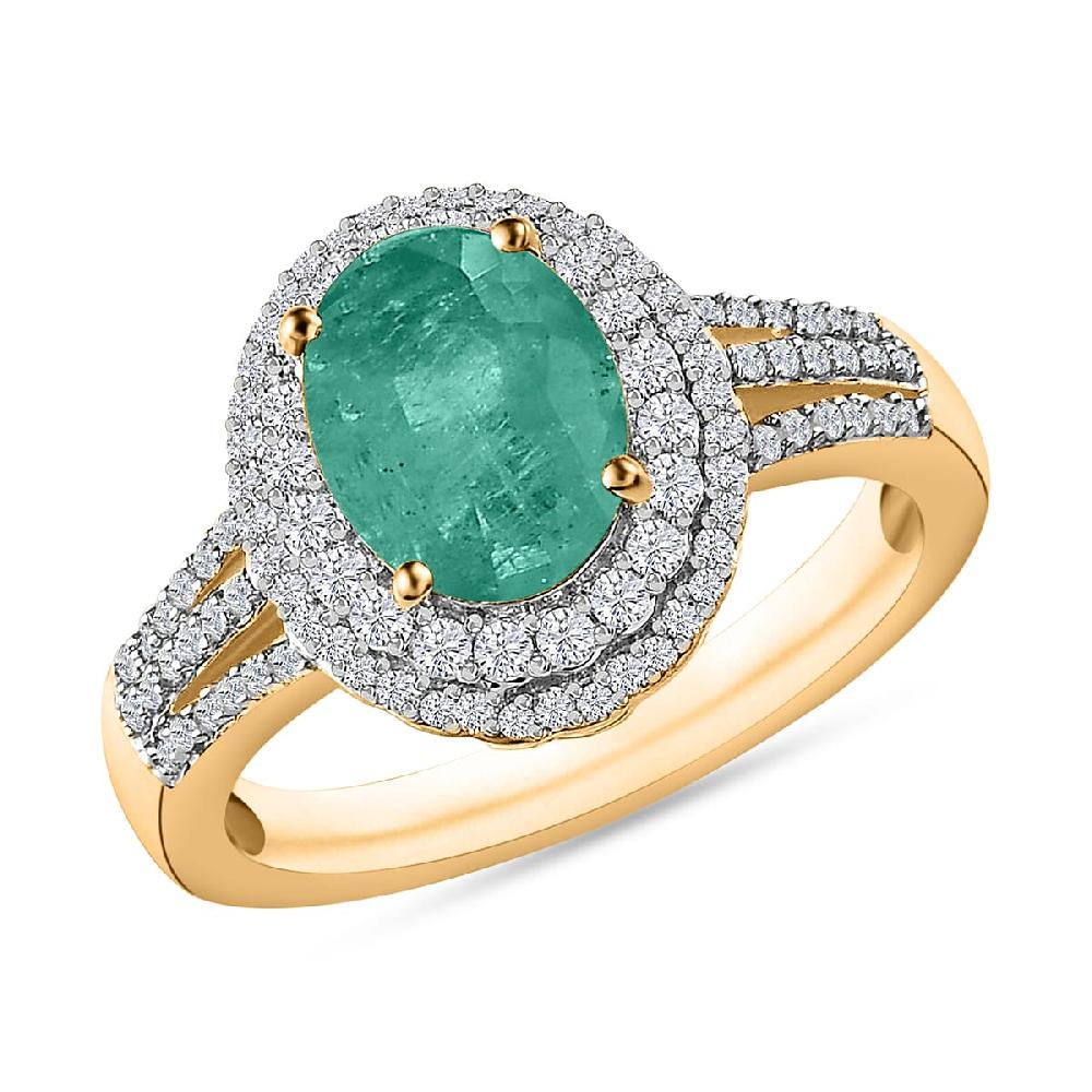 Luxoro Premium Kagem Zambian Emerald and G-H I1 Diamond 2.40 ctw Double Halo Ring in 14K Yellow Gold