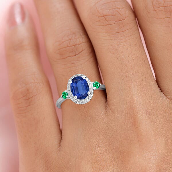Luxoro Premium Kanchanaburi Blue Sapphire Boyaca Colombian Emerald And G-H I1 Diamond 1.75 Ctw Ring In 14K White Gold (Del. In 10-12 Days)